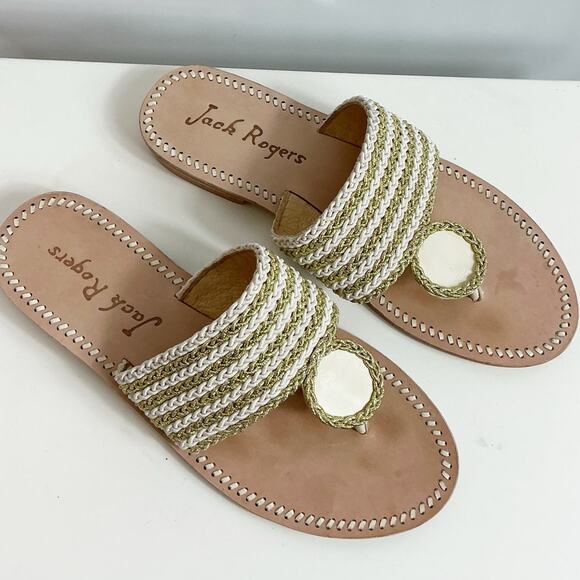 Jack Rogers Womens Jacks Rope Slip On Sandal sLeather Sole Gold Ivory 8 - Picture 1 of 6